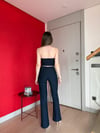 Straplez Bluz ve Pantolonlu Çizgili Crep İkili Takım Lacivert 2195