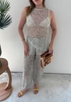 Taşlı Asimetrik Bluz ve Pantolonlu İkili Plaj Takım Gri 2358