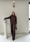 TAŞLI OVERSİZE SWEAT VE PANTOLONLU MODAL İKİLİ TAKIM KAHVE