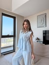 Tek Düğme Detay Bel Volanlı Bluz ve Pantolonlu Keten İkili Takım Bebe Mavi 2265