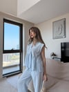 Tek Düğme Detay Bel Volanlı Bluz ve Pantolonlu Keten İkili Takım Bebe Mavi 2265
