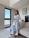 Tek Düğme Detay Bel Volanlı Bluz ve Pantolonlu Keten İkili Takım Bebe Mavi 2265