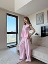 Tek Düğme Detay Bel Volanlı Bluz ve Pantolonlu Keten İkili Takım Pembe 2265