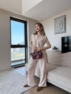 Tek Düğme Detay Bel Volanlı Bluz ve Pantolonlu Keten İkili Takım Bej 2265