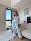 Tek Düğme Detay Bel Volanlı Bluz ve Pantolonlu Keten İkili Takım Bebe Mavi 2265