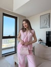 Tek Düğme Detay Bel Volanlı Bluz ve Pantolonlu Keten İkili Takım Pembe 2265