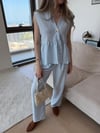 Tek Düğme Detay Bel Volanlı Bluz ve Pantolonlu Keten İkili Takım Bebe Mavi 2265