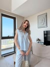 Tek Düğme Detay Bel Volanlı Bluz ve Pantolonlu Keten İkili Takım Bebe Mavi 2265