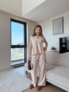 Tek Düğme Detay Bel Volanlı Bluz ve Pantolonlu Keten İkili Takım Bej 2265
