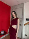Tek Omuz Bel Aksesuar Detay Yırtmaçlı Elbise Bordo 2206
