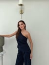 Tek Omuz Bel Drape Detay Bluz Ve Pantolonlu Crep İkili Takım Lacivert 2076
