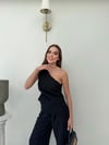 Tek Omuz Bel Drape Detay Bluz Ve Pantolonlu Crep İkili Takım Siyah 2076