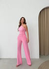 Tek Omuz Bel Drape Detay Bluz ve Pantolonlu Gofre İkili Takım Pembe 2225