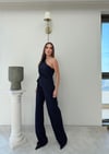 Tek Omuz Bel Drape Detay Bluz Ve Pantolonlu Crep İkili Takım Lacivert 2076