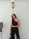 Tek Omuz Bel Drape Detay Bluz Ve Pantolonlu Crep İkili Takım Acı Kahve 2076