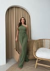 Tek Omuz Bel Drape Detay Bluz ve Pantolonlu Gofre İkili Takım Yeşil 2225