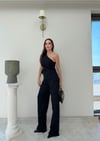 Tek Omuz Bel Drape Detay Bluz Ve Pantolonlu Crep İkili Takım Siyah 2076