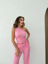 Tek Omuz Bel Drape Detay Bluz ve Pantolonlu Gofre İkili Takım Pembe 2225