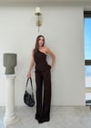 Tek Omuz Bel Drape Detay Bluz Ve Pantolonlu Crep İkili Takım Acı Kahve 2076