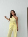 Tek Omuz Bel Drape Detay Bluz ve Pantolonlu Gofre İkili Takım Sarı 2225