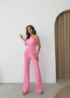 Tek Omuz Bel Drape Detay Bluz ve Pantolonlu Gofre İkili Takım Pembe 2225