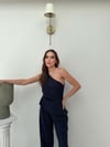 Tek Omuz Bel Drape Detay Bluz Ve Pantolonlu Crep İkili Takım Lacivert 2076