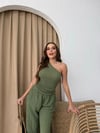 Tek Omuz Bel Drape Detay Bluz ve Pantolonlu Gofre İkili Takım Yeşil 2225