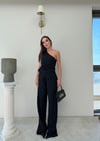Tek Omuz Bel Drape Detay Bluz Ve Pantolonlu Crep İkili Takım Siyah 2076
