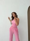 Tek Omuz Bel Drape Detay Bluz ve Pantolonlu Gofre İkili Takım Pembe 2225
