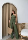 Tek Omuz Bel Drape Detay Bluz ve Pantolonlu Gofre İkili Takım Yeşil 2225