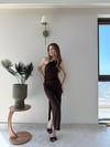Tek Omuz Drape ve Yırtmaç Detay Sandy Elbise Acı Kahve 2187