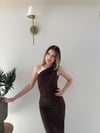 Tek Omuz Drape ve Yırtmaç Detay Sandy Elbise Acı Kahve 2187
