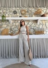 Ters Dikiş Detay Halter Bluz ve Pantolonlu Gofre İkili Takım Bej 2098