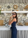 Ters Dikiş Detay Halter Bluz ve Pantolonlu Gofre İkili Takım Mavi 2098
