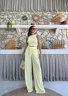 Ters Dikiş Detay Halter Bluz ve Pantolonlu Gofre İkili Takım Sarı 2098