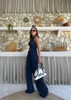Ters Dikiş Detay Halter Bluz ve Pantolonlu Gofre İkili Takım Mavi 2098