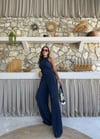 Ters Dikiş Detay Halter Bluz ve Pantolonlu Gofre İkili Takım Mavi 2098
