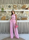 Ters Dikiş Detay Halter Bluz ve Pantolonlu Gofre İkili Takım Pembe 2098