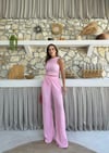 Ters Dikiş Detay Halter Bluz ve Pantolonlu Gofre İkili Takım Pembe 2098