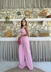 Ters Dikiş Detay Halter Bluz ve Pantolonlu Gofre İkili Takım Pembe 2098