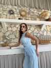 TERS DİKİŞ HALTER YAKA CROP VE PANTOLONLU İKİLİ TAKIM MAVİ