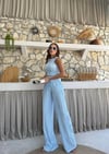 TERS DİKİŞ HALTER YAKA CROP VE PANTOLONLU İKİLİ TAKIM MAVİ