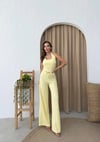 U YAKA SIRT DEKOLTE DETAY BLUZ VE PANTOLONLUGOFRE İKİLİ TAKIM SARI