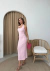 U YAKA SIRT DEKOLTE DETAY UZUN GOFRE ELBİSE PEMBE