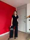 V Yaka Bel Bağlama Detay Bluz ve Pantolonlu Keten İkili Takım Siyah 2193