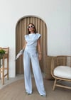 VATKALI ASİMETRİK DETAY BLUZ VE PANTOLONLU İKİLİ TAKIM MAVİ