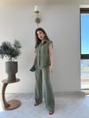 Volanlı Hırka ve Pantolonlu Çizgili İkili Takım Haki 2317