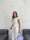 YAKA BÜZGÜLÜ BLUZ VE PANTOLONLU GOFRE İKİLİ TAKIM BEYAZ