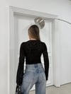 YAKA DANTEL DETAY TRANSPARAN DESENLİ BLUZ SİYAH