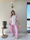 Yaka Fular Detay Tişört ve Pantolonlu Modal Kumaş İkili Takım Pembe 2140